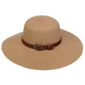 Summer wide brim straw hat with brown leather buckle band in light brown shade - 56-58cm / Leather Belt with Buckle (293B) / Khaki