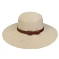 Beige wide brim straw sun hat featuring a dark brown leather band with silver metal buckle - 56-58cm / Leather Belt with Buckle (293C) / Beige