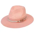 Pink woven straw fedora hat featuring a white braided cord and golden chain buckle - Chain Cord Style / Pink