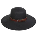 Classic black woven wide brim sun hat with brown leather belt and silver buckle detail - 56-58cm / Leather Belt with Buckle (293D) / Black