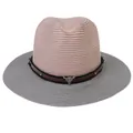Pink and grey Panama straw hat with a leather band and silver bull head emblem - M(56-58cm) / Pink And Gray (349-E)