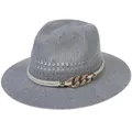 Gray hollow woven straw fedora hat featuring cream braided cord and golden metal chain - Chain Cord Style / Gray