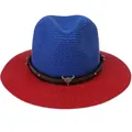 Panama straw hat in blue and red patchwork design with silver bull head metal accessory - M(56-58cm) / Blue And Red (349-F)