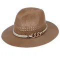 Brown woven straw fedora hat featuring a white rope band and gold metal chain link - Chain Cord Style / Khaki