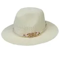 Breathable cream hollow woven straw fedora hat featuring gold rhinestone link chain - Chain Cord Style / Off White