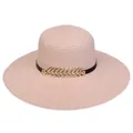 Pink wide brim straw sun hat featuring a black band and golden wheat buckle detail - 56-58cm / Metal Leaf Ribbon (295A) / Pink