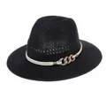 Classic black woven summer fedora with white braided band and gold chain accessory - Chain Cord Style / Black