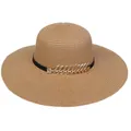Foldable wide brim straw sun hat in camel color featuring a decorative gold feather accent - 56-58cm / Metal Leaf Ribbon (295B) / Khaki