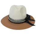 Panama straw hat with cream crown, brown brim, black lace, pearls and a large bow - M(56-58cm) / Beige And Khaki (350-A)