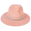 Pink orange woven straw fedora hat for women decorated with pearls and golden chain - Pearl Chain Style / Pink
