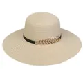 Foldable beige wide-brim straw sun hat for women with thin black belt and gold leaf accent - 56-58cm / Metal Leaf Ribbon (295C) / Beige