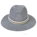 Elegant medium gray woven fedora featuring decorative pearl and gold chain accents - Pearl Chain Style / Gray