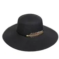 Black foldable wide brim straw sun hat with decorative golden metal leaves - 56-58cm / Metal Leaf Ribbon (295D) / Black