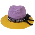 Straw Panama hat with purple crown, yellow brim, lace trim, pearls, and ribbon bow - M(56-58cm) / Purple And Yellow (350-D)