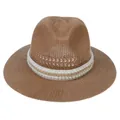 Brown woven fedora sun hat featuring elegant pearl and gold chain decorative band - Pearl Chain Style / Khaki