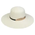 Chic cream white wide brim straw sun hat featuring a black band and gold leaf accent - 56-58cm / Metal Leaf Ribbon (295E) / Cream