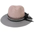 Panama straw sun hat with pink crown, grey brim, black lace, pearls and bow - M(56-58cm) / Pink And Gray (350-E)