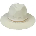 White woven summer straw fedora hat featuring elegant pearl and gold chain decoration - Pearl Chain Style / Off White