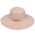 Pink wide brim straw sun hat with white rope band and sparkling rhinestone gold chain - 56-58cm / Gem Chain Braided Rope (296A) / Pink