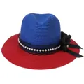 Panama straw hat with blue crown, red brim, black lace, white pearls and a large bow - M(56-58cm) / Blue And Red (350-F)