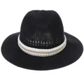 Black breathable woven fedora hat with white pearl and gold chain band decoration - Pearl Chain Style / Black