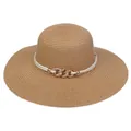 Elegant wide brim straw sun hat in khaki with white woven rope and gold chain detail - 56-58cm / Gem Chain Braided Rope (296B) / Khaki
