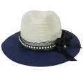 Beige and navy Panama sun hat with black lace, faux pearls and a large satin bow - M(56-58cm) / Beige And Navy Blue (350-G)