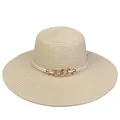 Elegant beige wide-brim straw sun hat featuring a white rope and gold buckle accent - 56-58cm / Gem Chain Braided Rope (296C) / Beige