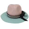 Pink and green straw panama hat with black lace, pearls, and large satin bow detail - M(56-58cm) / Pink And Mint Green (350-H)