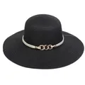 Wide brim straw beach hat in deep black with white cord and gold buckle detail - 56-58cm / Gem Chain Braided Rope (296D) / Black