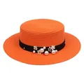 Cappello boater da donna arancione con nastro nero, perle e decorazioni floreali - Stile Fiore di Perla (304B) / Arancione