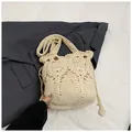 Detailed close-up of cream crochet bucket bag with hollow woven texture and drawstring - With Pendant Specification / Off-white without Pendant