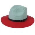 Straw Panama hat with mint green crown, red wide brim and black decorative belt buckle - M(56-58cm) / Mint Green And Red (351-C)