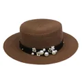 Cappello di paglia marrone scuro da donna con perle eleganti e fiori bianchi piatti - Stile Fiore di Perla (304D) / Marrone