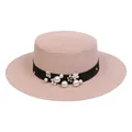 Pink woven paper boater hat for women with elegant pearl and floral ribbon decoration - Pearl Flower Style (304E)