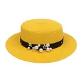 Bright yellow boater hat with black ribbon, white pearls and floral accents - Pearl Flower Style (304F)