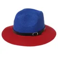 Navy blue and red color-block straw fedora hat with black buckled leather band - M(56-58cm) / Blue And Red (351-F)