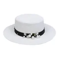White straw sun hat with black ribbon, elegant pearls, and floral decorations - Pearl Flower Style (304H)