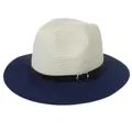 Panama straw sun hat in cream and navy bicolor design with black faux leather band - M(56-58cm) / Beige And Navy Blue (351-G)