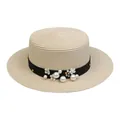 Beige straw sun hat with white pearl flowers and black ribbon band for women - Pearl Flower Style (304I)