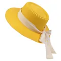 Elegant yellow straw boater hat with a cream white ribbon bow for summer beach vacation - 56-58cm / Beige Ribbon Bow (040A) / Yellow