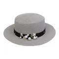 Light gray straw sun hat with black ribbon, white pearls and floral decoration - Pearl Flower Style (304L)