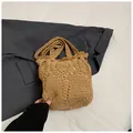 Woven hollow-out bucket bag in beige with wide shoulder strap for summer beach vacation - With Pendant Specification / Khaki Without Pendant