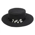 Elegant black boater hat with pearl and flower accents on a wide ribbon trim - Pearl Flower Style (304M)