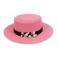 Pink straw boater hat for women with black ribbon bow and elegant pearl flower trim - Pearl Flower Style (304N)
