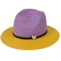 Panama straw hat in purple and yellow color block design with heart wood detail - M(56-58cm) / Purple And Yellow (352-D)