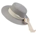 Elegant grey flat top straw hat with cream ribbon and long bow tie detail - 56-58cm / Beige Ribbon Bow (040C) / Gray