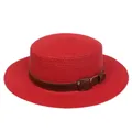 Chic red woven boater hat with a decorative brown faux leather belt and metal buckle - Leather Belt Buckle Style (305A)