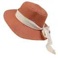Elegant brick red flat top straw hat with white ribbon bow in French Hepburn style - 56-58cm / Beige Ribbon Bow (040D) / Caramel color
