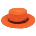 Vibrant orange flat top straw hat with a brown leather belt buckle for beach sun protection - Leather Belt Buckle Style (305B)